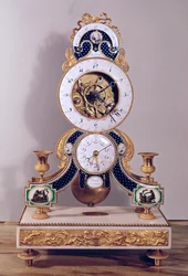 Horloge décimale et duodécimale avec cadrans des calendriers révolutionnaire et grégorien et les phases de la lune, fabriquée à Paris